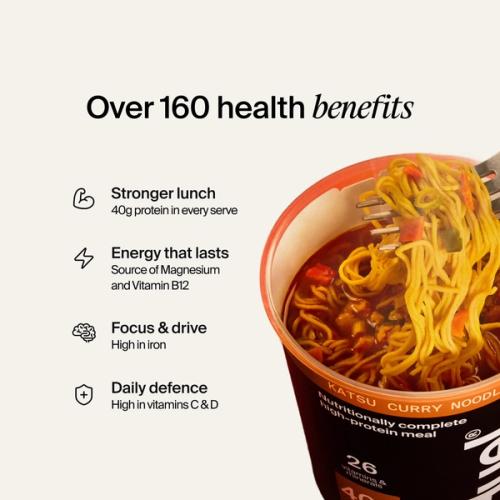 An open pot of Huel Black Edition Ramen on a neutral colour background with benefits listed