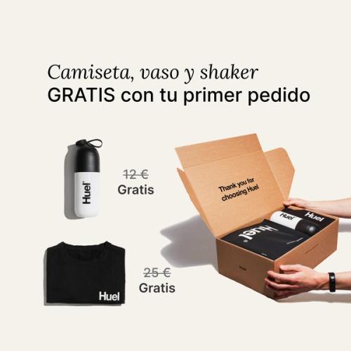 Todos los productos Huel Bestseller junto a una camiseta Huel negra