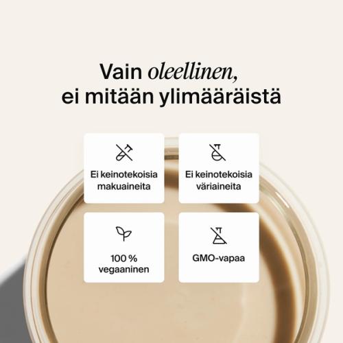 Ylhäältä kuvattu Huel-pirtelö lasissa myyntivaltteja esittelevien nostojen kera
