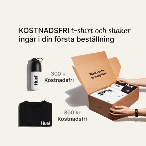 Unboxing a Huel starter kit containing a black Huel t-shirt and a Huel shaker