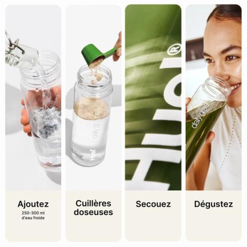 a visual, step-by-step guide for how to prepare the Greens - Add, Scoop, Shake, Enjoy! 