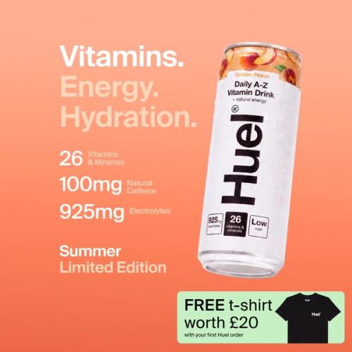 Alt, caffeinated flavours: Huel Daily A-Z Vitamin Drink can, alongside text highlighting 26 vitamins and minerals, 100mg caffeine, 925mg electrolytes, and low sugar.