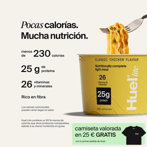 Un vaso de Huel Lite Ramen con indicaciones sobre nutrición completa