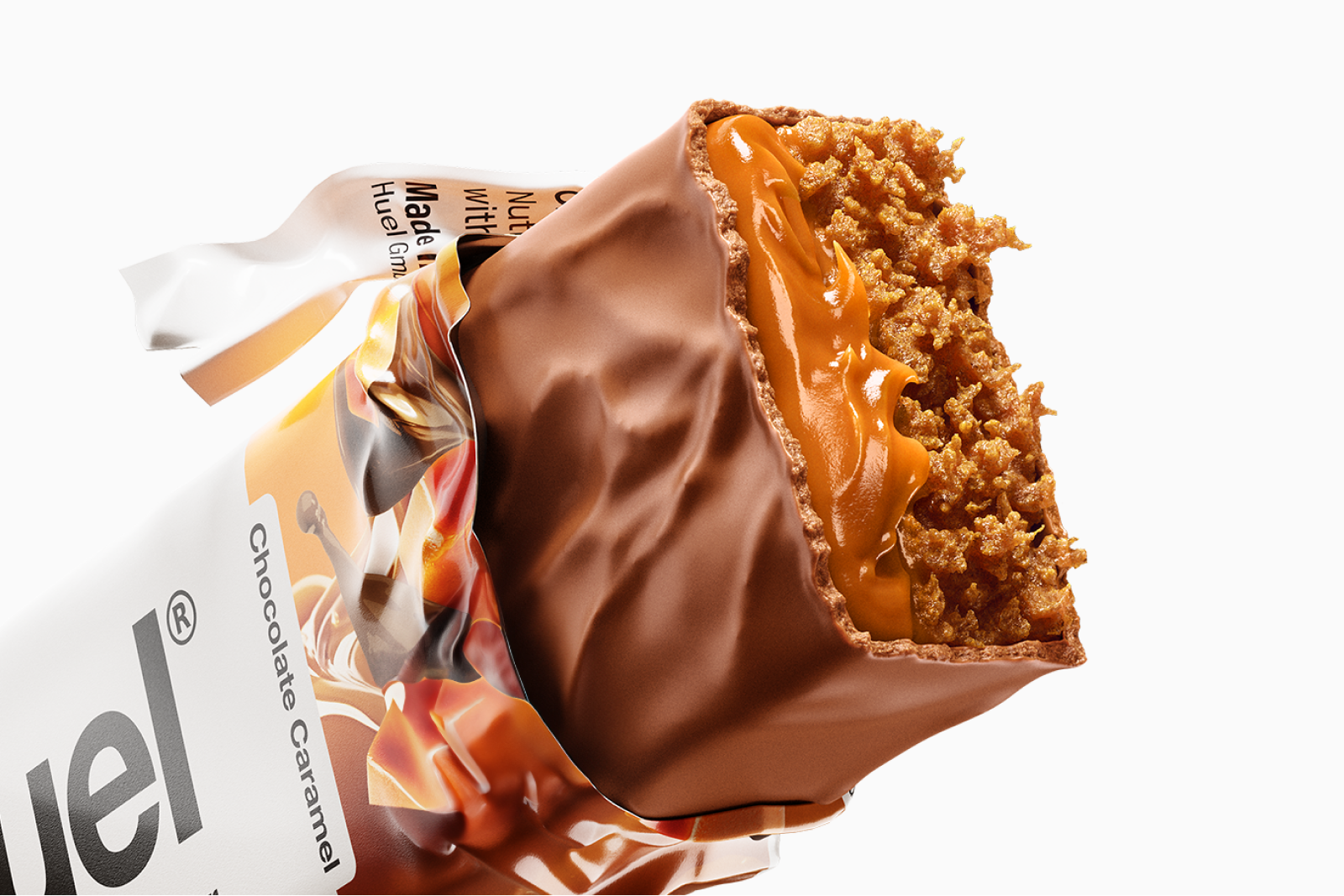 Partly unwrapped Chocolate Caramel Complete Protein Bar