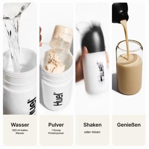 visual instructions for how to prepare a Huel Black Edition shake meal