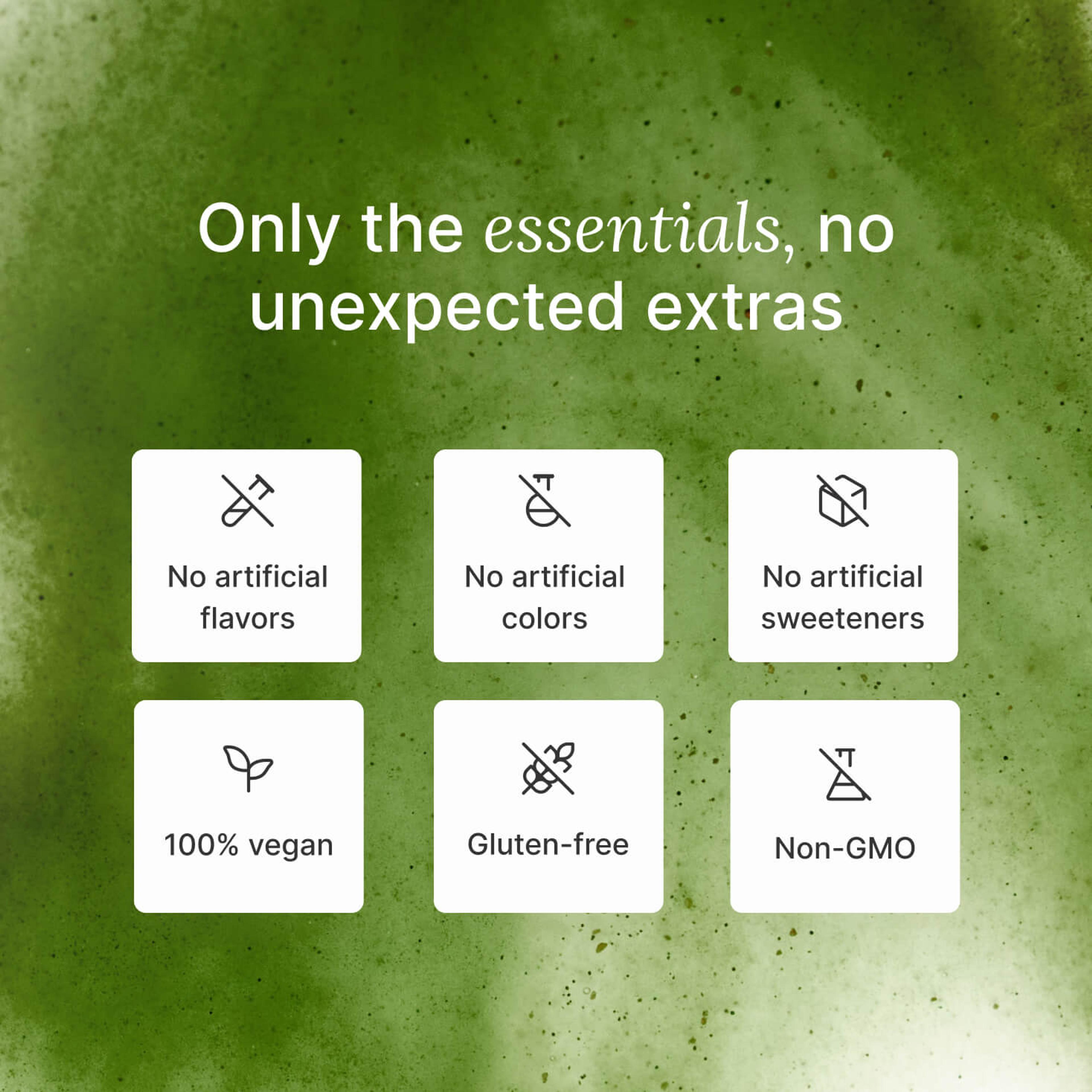 A list of health benefits of Huel Daily Greens set against a background comprising an extreme close-up of Huel Daily Greens