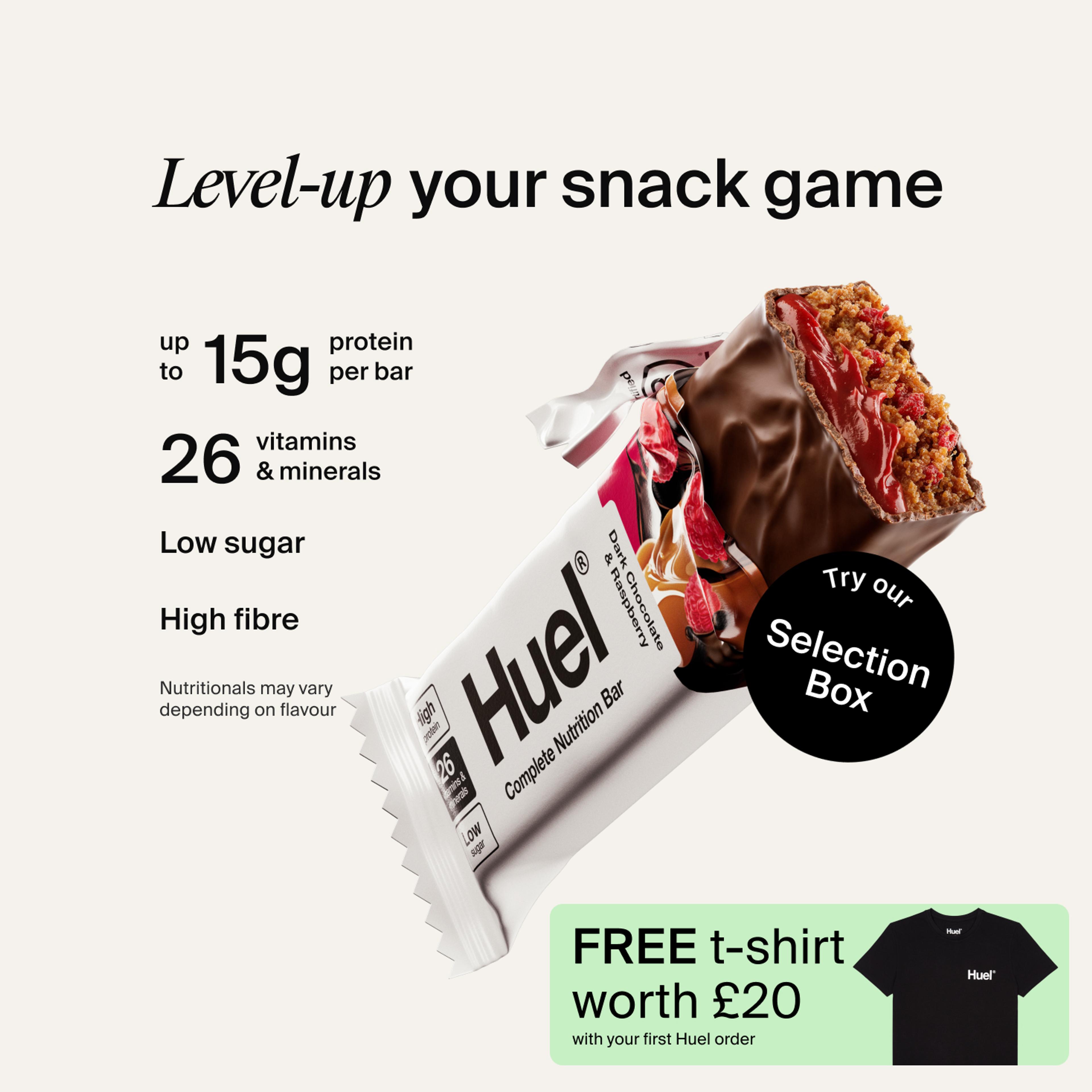 A Huel Complete Nutrition bar with a peanut and caramel filling, set against a beige-colour background