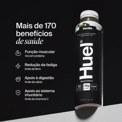Garrafa de Huel Ready-to-drink com benefícios de saúde escritos ao lado