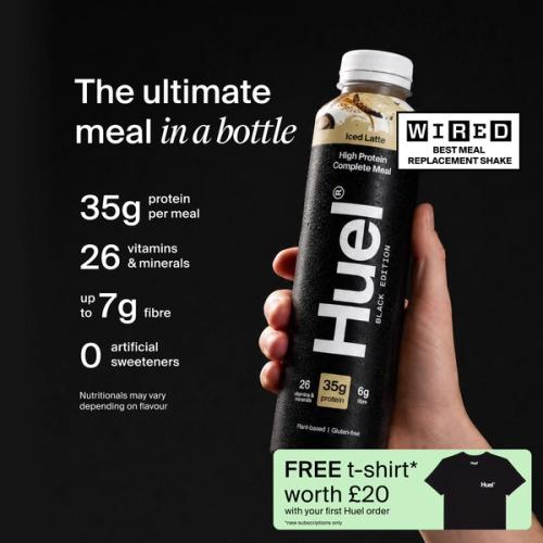 a hand holding a Bottle of Huel RTD with key benefits written next to it