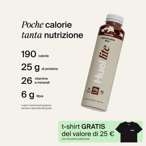 Un’immagine di una lattina di Huel Lite Ready-to-drink con indicazioni nutrizionali