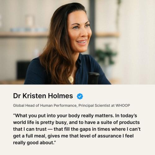 Image of nutritionist Kristen Holmes with a quote supporting Huel Black Edition