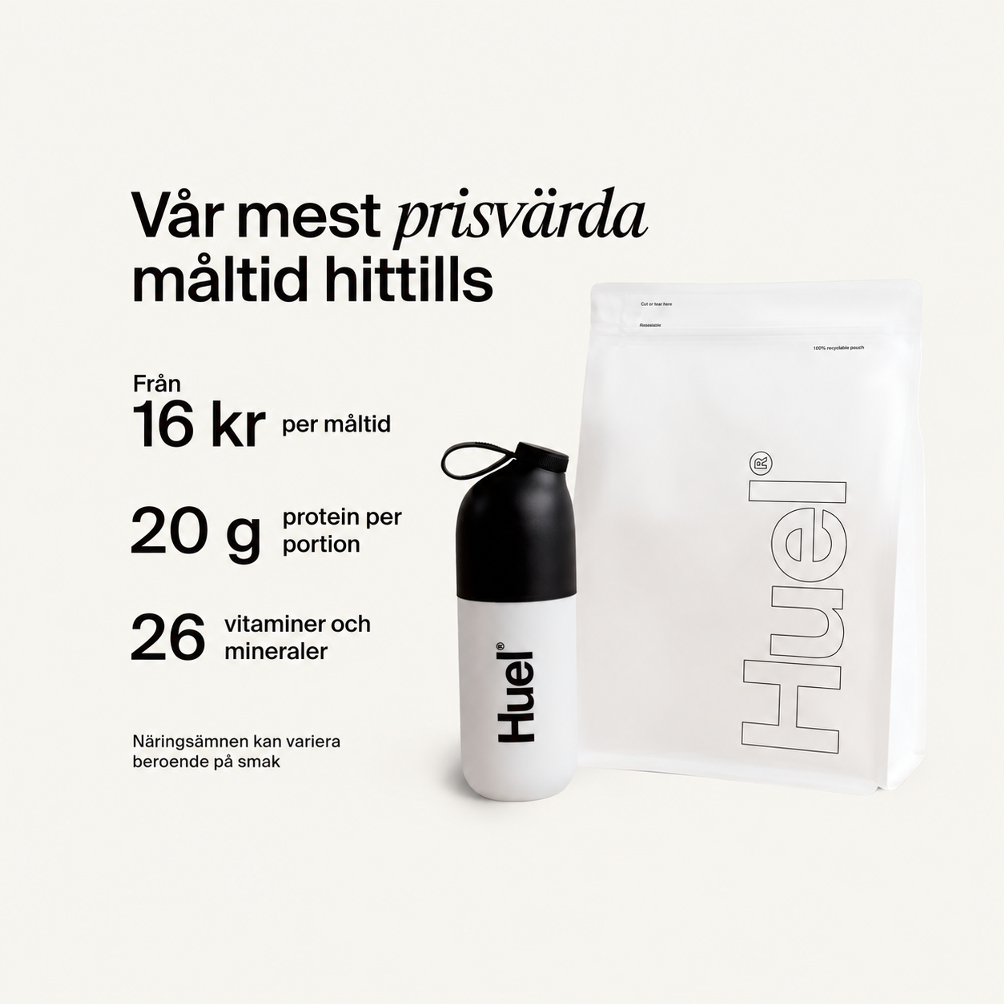 A white pouch of Huel Essential and a Huel shaker on a neutral colour background