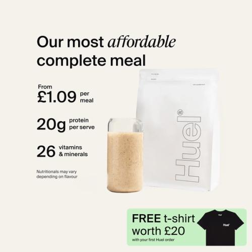 A white pouch of Huel Essential and a Huel shaker on a neutral colour background