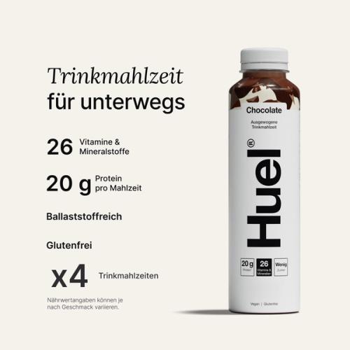 A bottle of Chocolate-flavour Huel Ready-to-drink set against an off-wite background