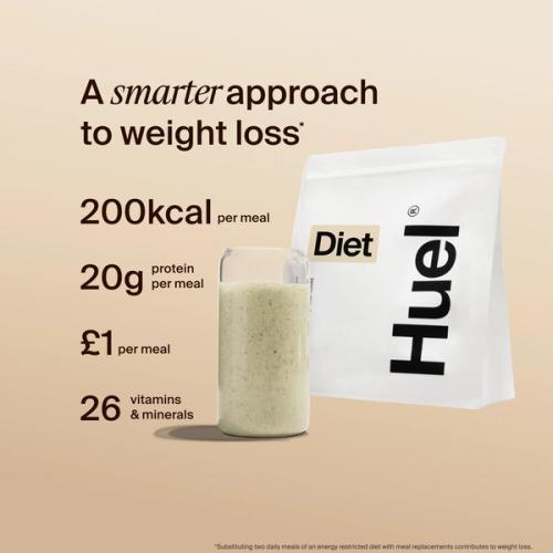 Alt: Huel Diet Powder bag with a prepared shake, alongside text highlighting 200 calories per meal, 20g protein per meal, £1 per meal, and 26 vitamins and minerals.