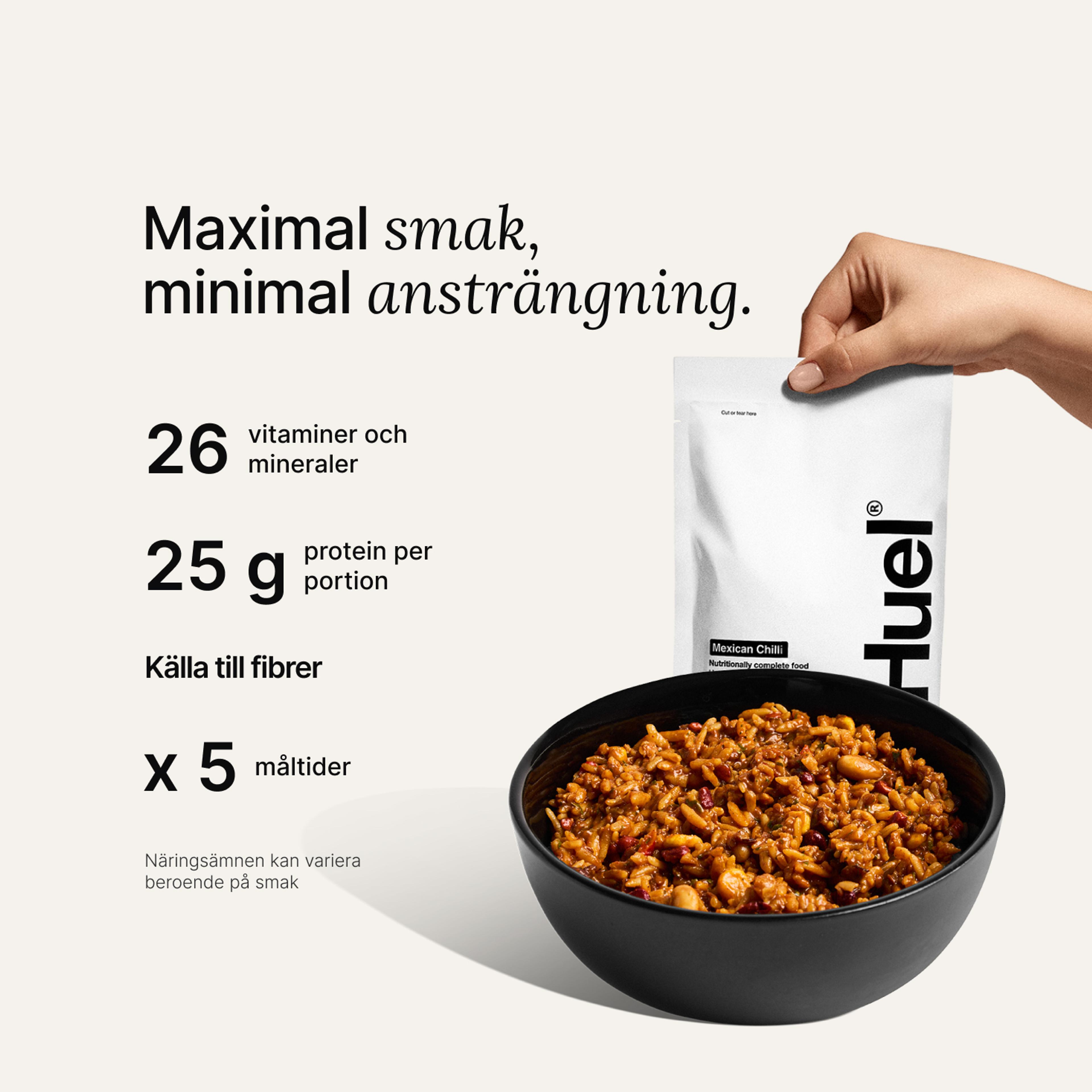 Huel Hot & Savory-påse mot en neutral färgbakgrund med hälsofördelar skrivna bredvid