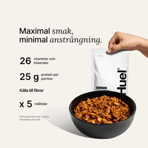 Huel Hot & Savory-påse mot en neutral färgbakgrund med hälsofördelar skrivna bredvid