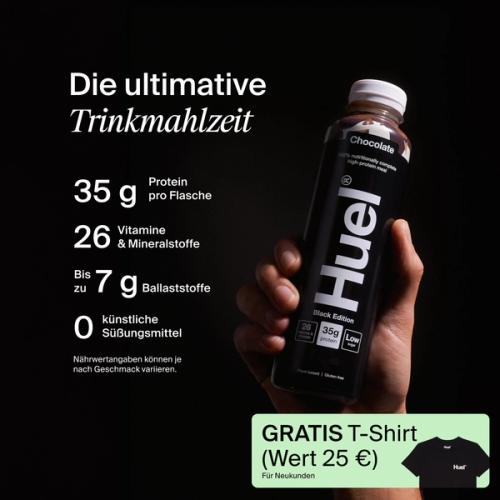 Eine Flasche Huel Ready-to-drink mit den wichtigsten Vorteilen daneben