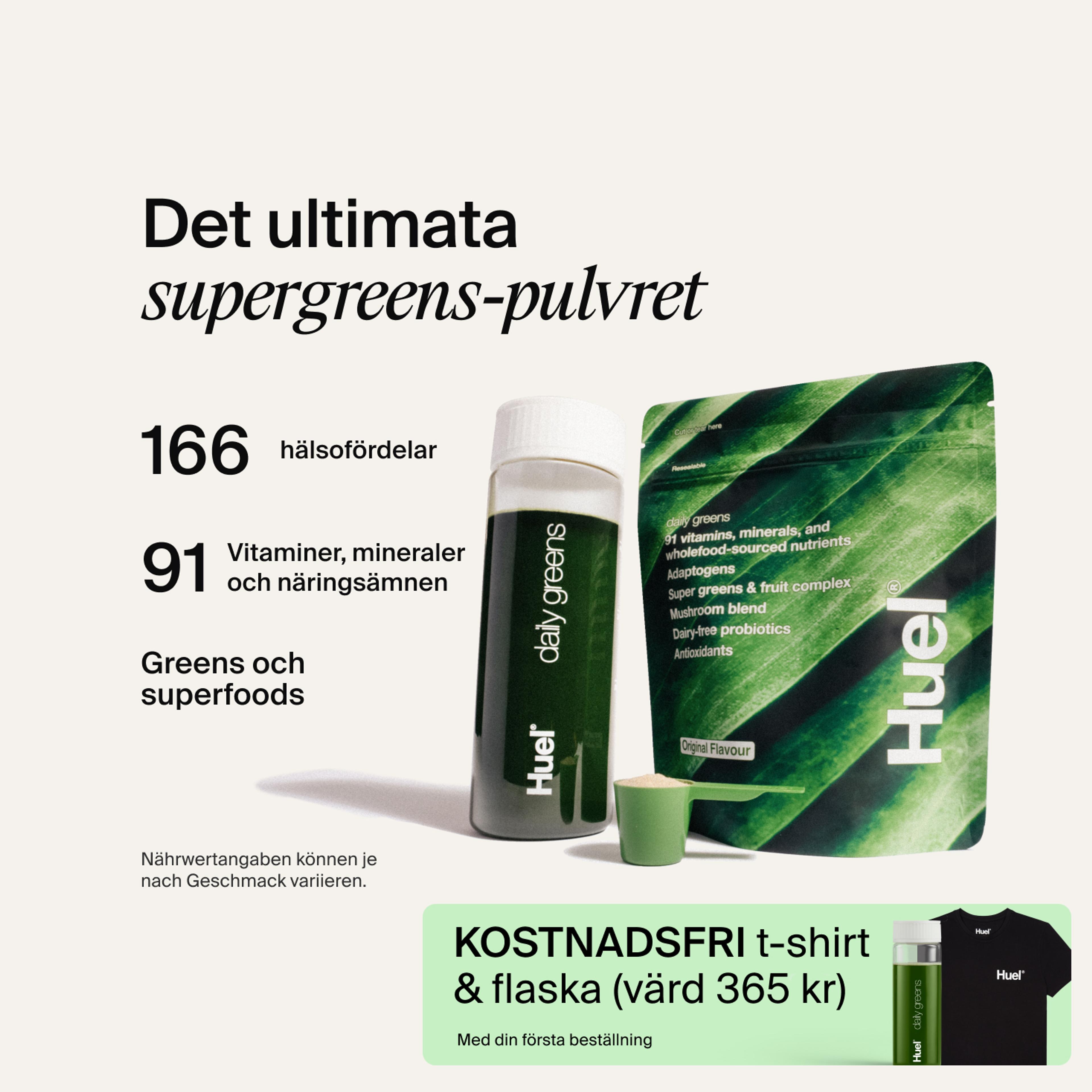 En bild på en Daily Greens-shaker, en måttskopa och en påse med näringsinformation