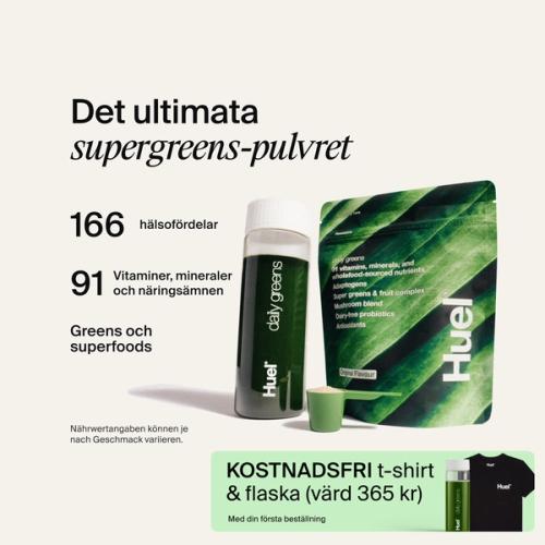 En bild på en Daily Greens-shaker, en måttskopa och en påse med näringsinformation