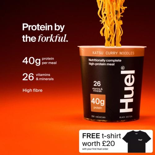 A pot of Huel Black Edition Ramen with Complete Nutrition callouts on a red and black gradient background
