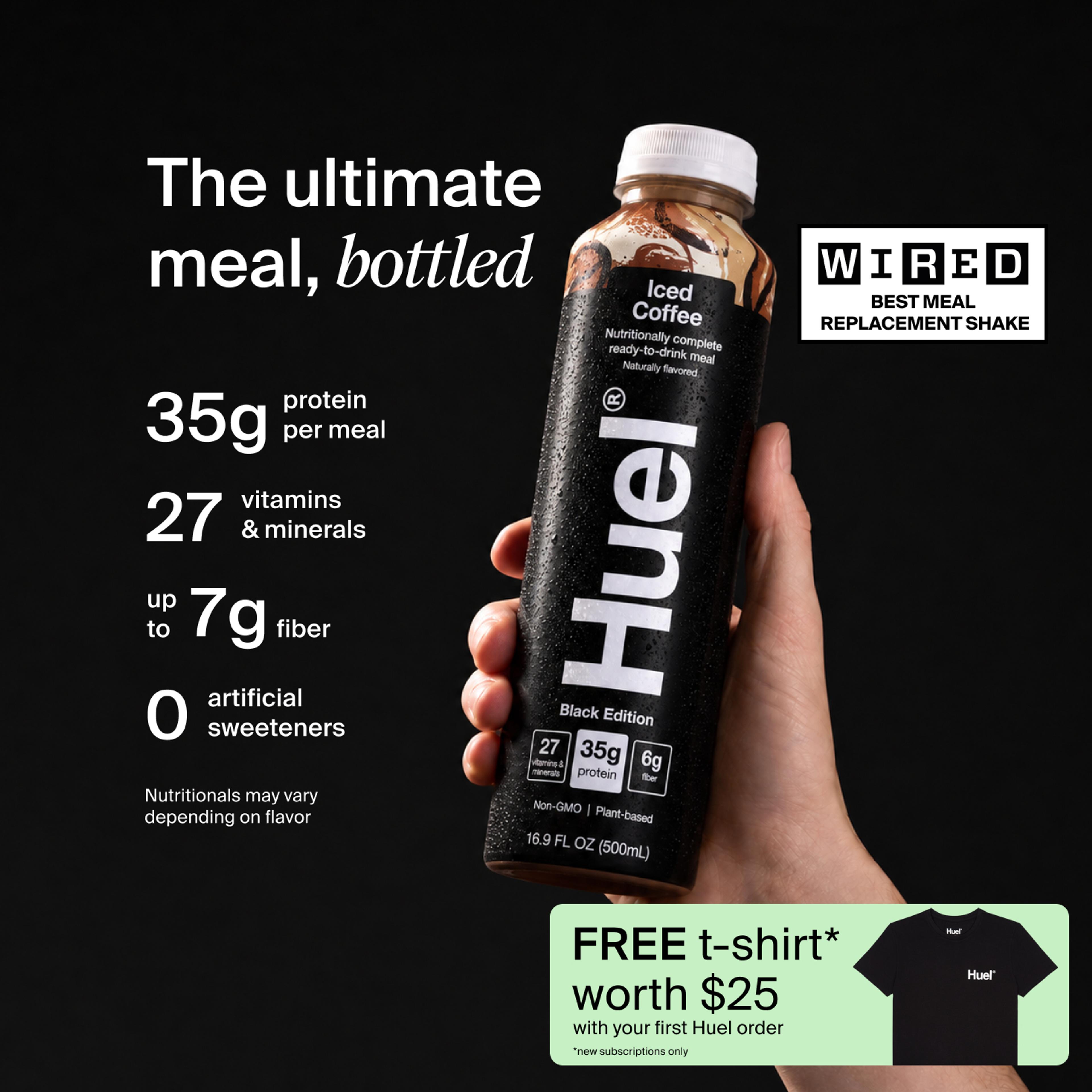 Huel Black Edition Ready-to-drink bottle held in hand, alongside text highlighting 35g protein, 26 vitamins and minerals, up to 7g fibre, and no artificial sweeteners.