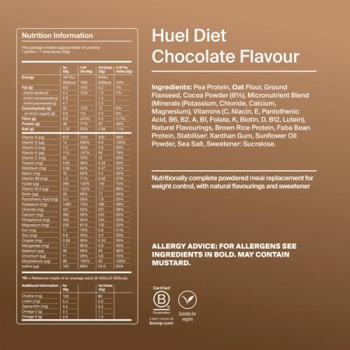 Back of pack nutritional information for Huel Diet Powder Chocolate Flavour