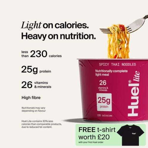 A pot of Huel Lite Ramen with Complete Nutrition callouts