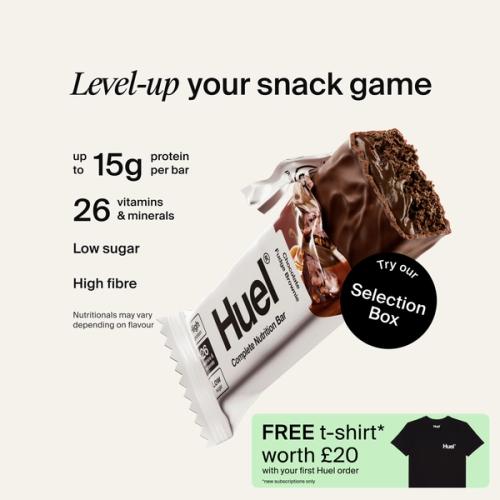 A Huel Complete Nutrition bar set against a beige-colour background