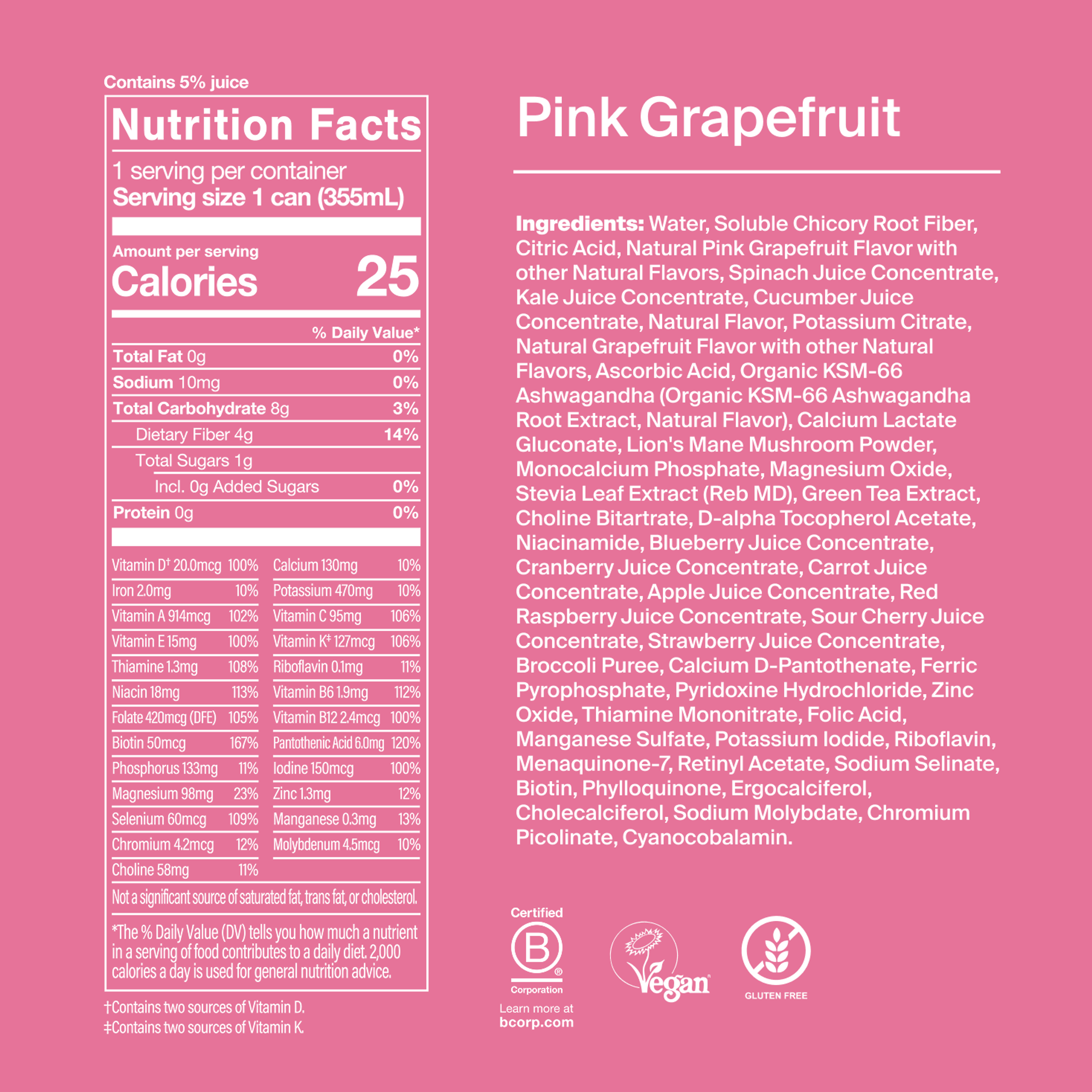 Nutrition facts and ingredients for Huel Daily Greens RTD Pink Grapefruit