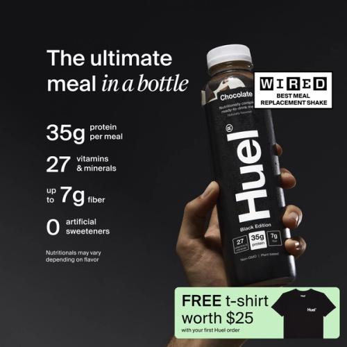 a hand holding a Bottle of Huel RTD with key benefits written next to it