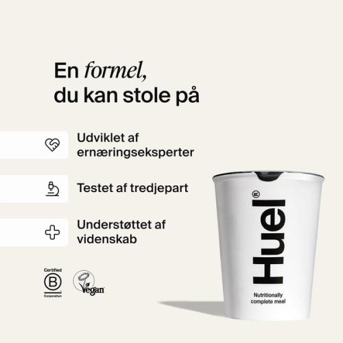 En hvid Huel-gryde på en råhvid farvet baggrund med billedforklaringer, der forklarer Huels videnskabelige akkreditiver