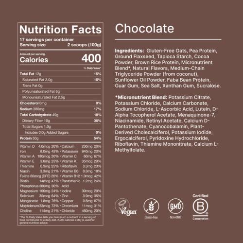 Back of pack nutritional information for Huel Powder