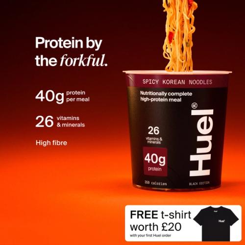 A pot of Huel Black Edition Ramen with Complete Nutrition callouts on a red and black gradient background