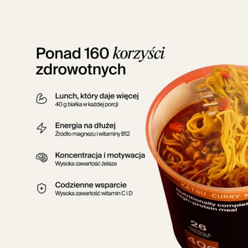 An open pot of Huel Black Edition Ramen on a neutral colour background with benefits listed