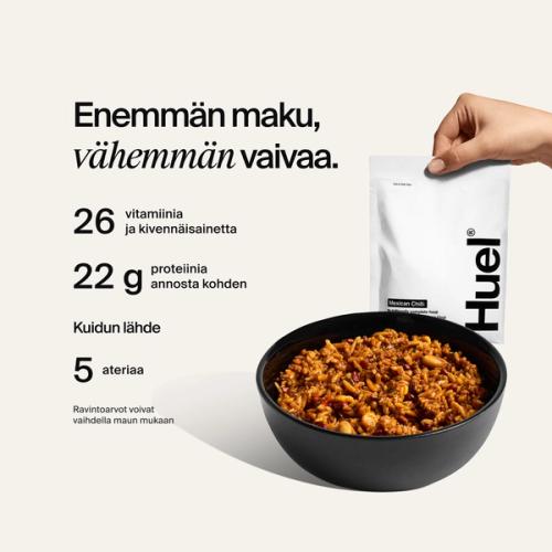 Huel Hot & Savoury Meal Packs set against a neutral colour background with health benefits written beside it