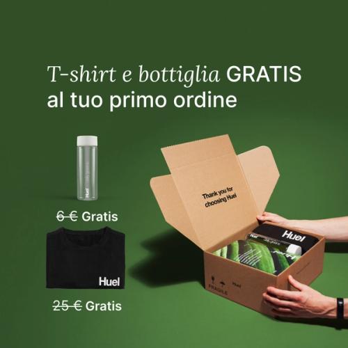 Unboxing a Huel order containing Daily Greens powder, a black Huel t-shirt, and a clear bottle, set against a green background.