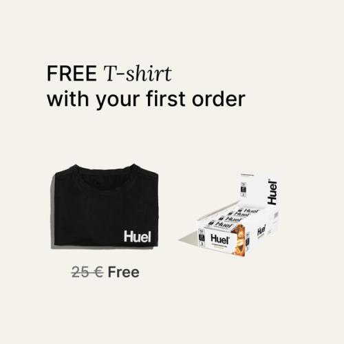 A box of Huel complete nutrition bars on a neutral background next to a black Huel t-shirt