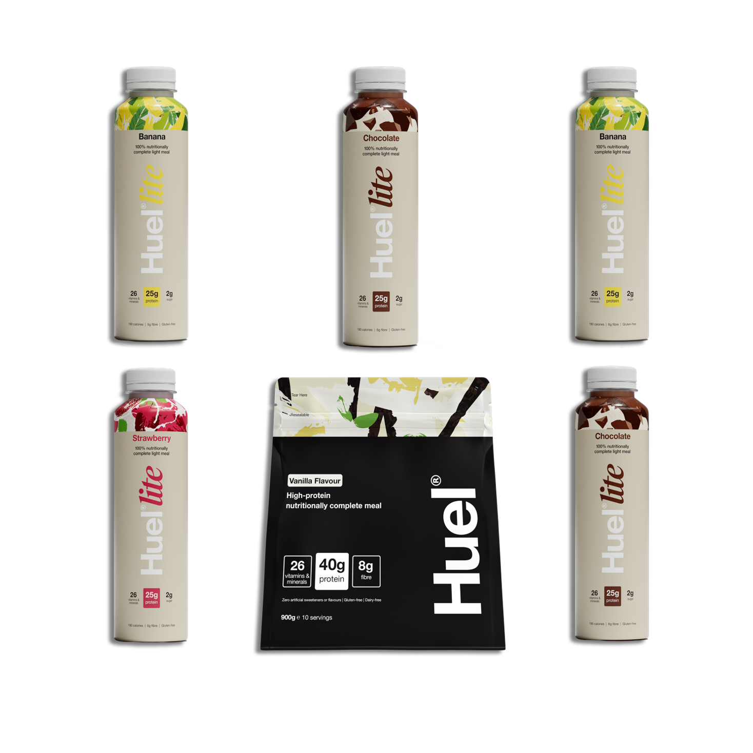 Flatlay grid image of Huel products including Black Edition and Lite Ready-to-drink