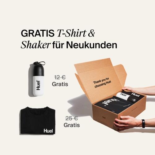 Image of a Huel unboxing, shaker and black t-shirt