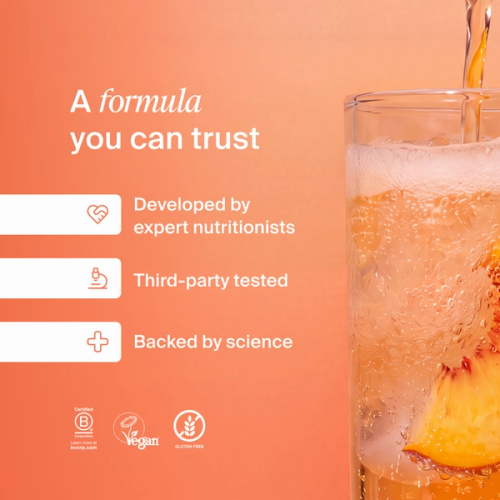 A formula you can trust. Developed by expert nutritionists, rigorously tested, and backed by science. Featuring the logos for Certified B Corps, KLBD, and Vegan society