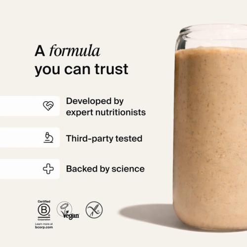 A close-up image of liquid pouring from a black and white Huel shaker, accompanied by science claims related to Huel