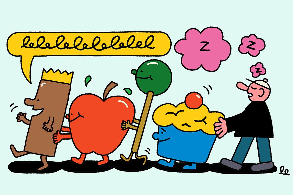 cartoon image of different foods walking in a conga line with a man snoozing at the back