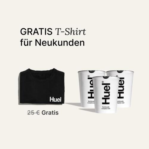 Free t-shirt & delivery with your first order wording with imagery of the free T-shirt alongside 3 Huel Pots