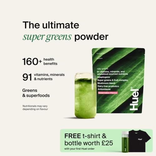 A picture of a Daily Greens bottle with nutrition callouts