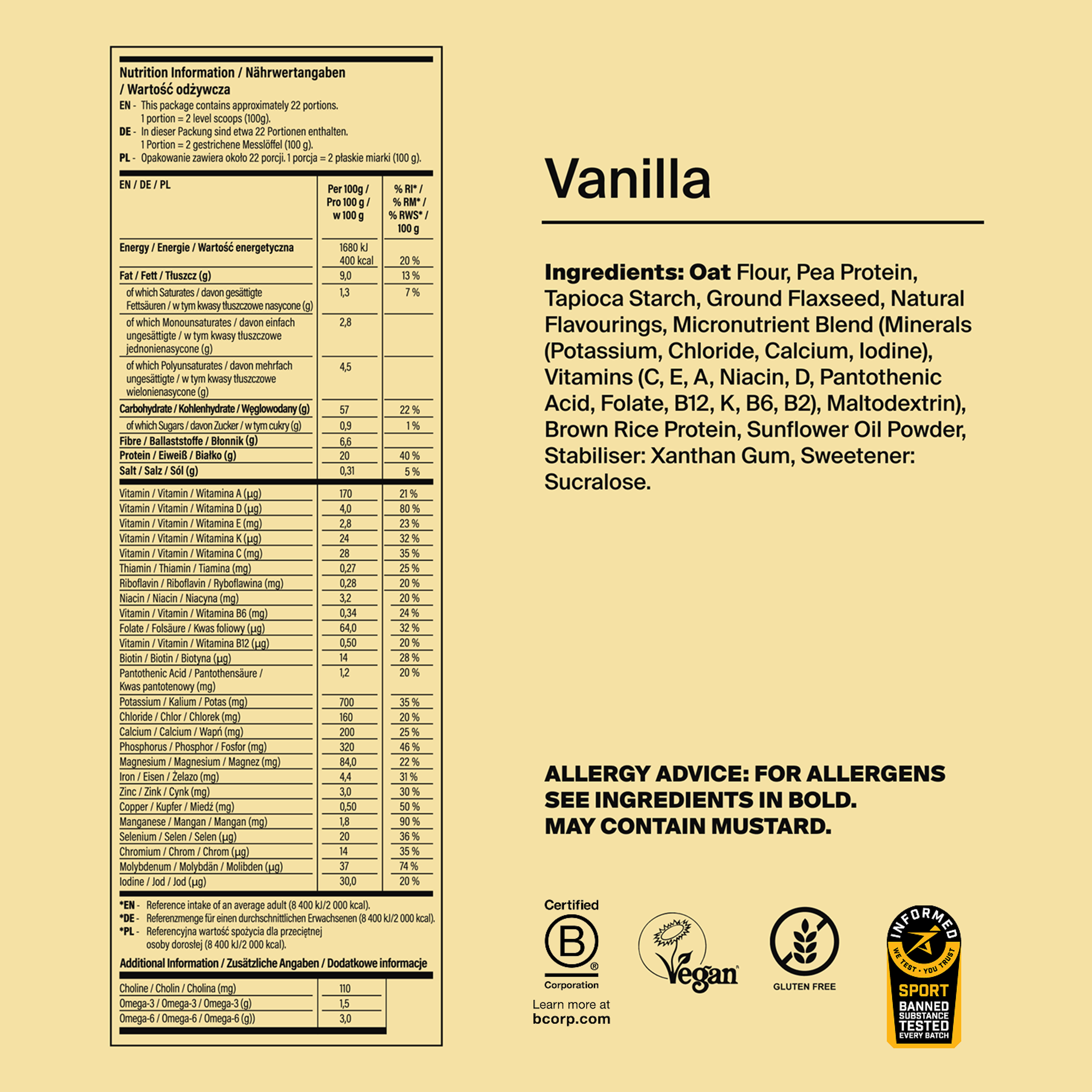 Back of pack nutritional information for Huel Powder