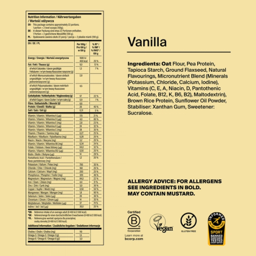 Back of pack nutritional information for Huel Powder