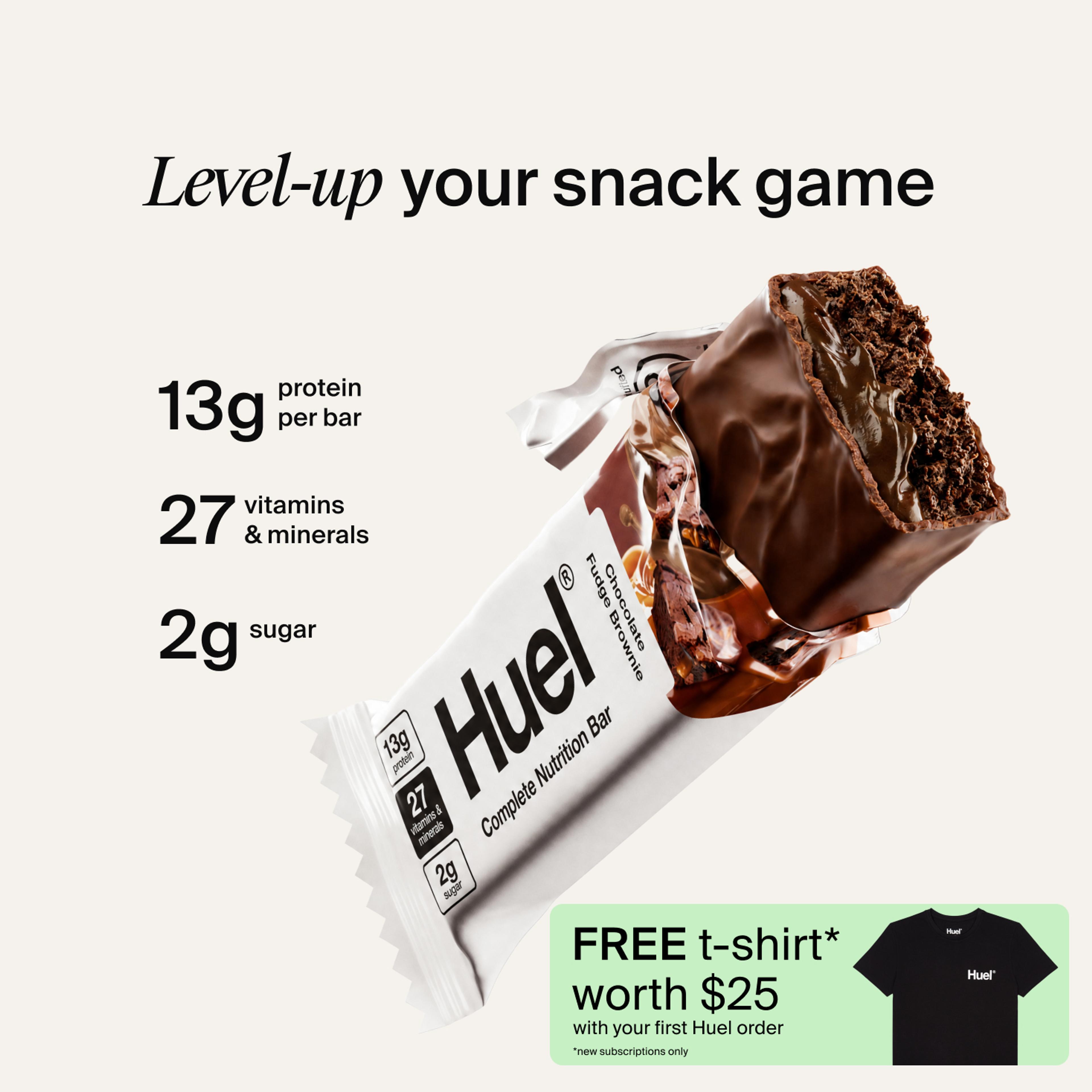 A Huel Complete Nutrition bar with a peanut and caramel filling, set against a beige-colour background
