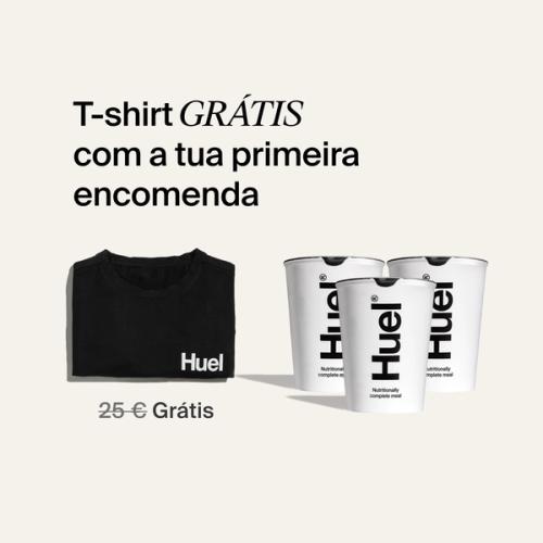Free t-shirt & delivery with your first order wording with imagery of the free T-shirt alongside 3 Huel Pots