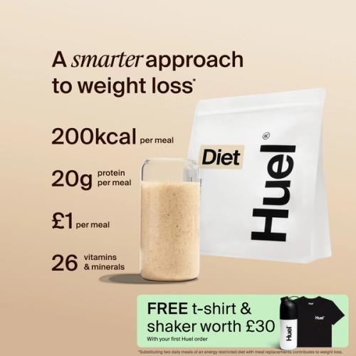 A bag of Huel Diet powder next to a glass containing a Huel drink on a beige background